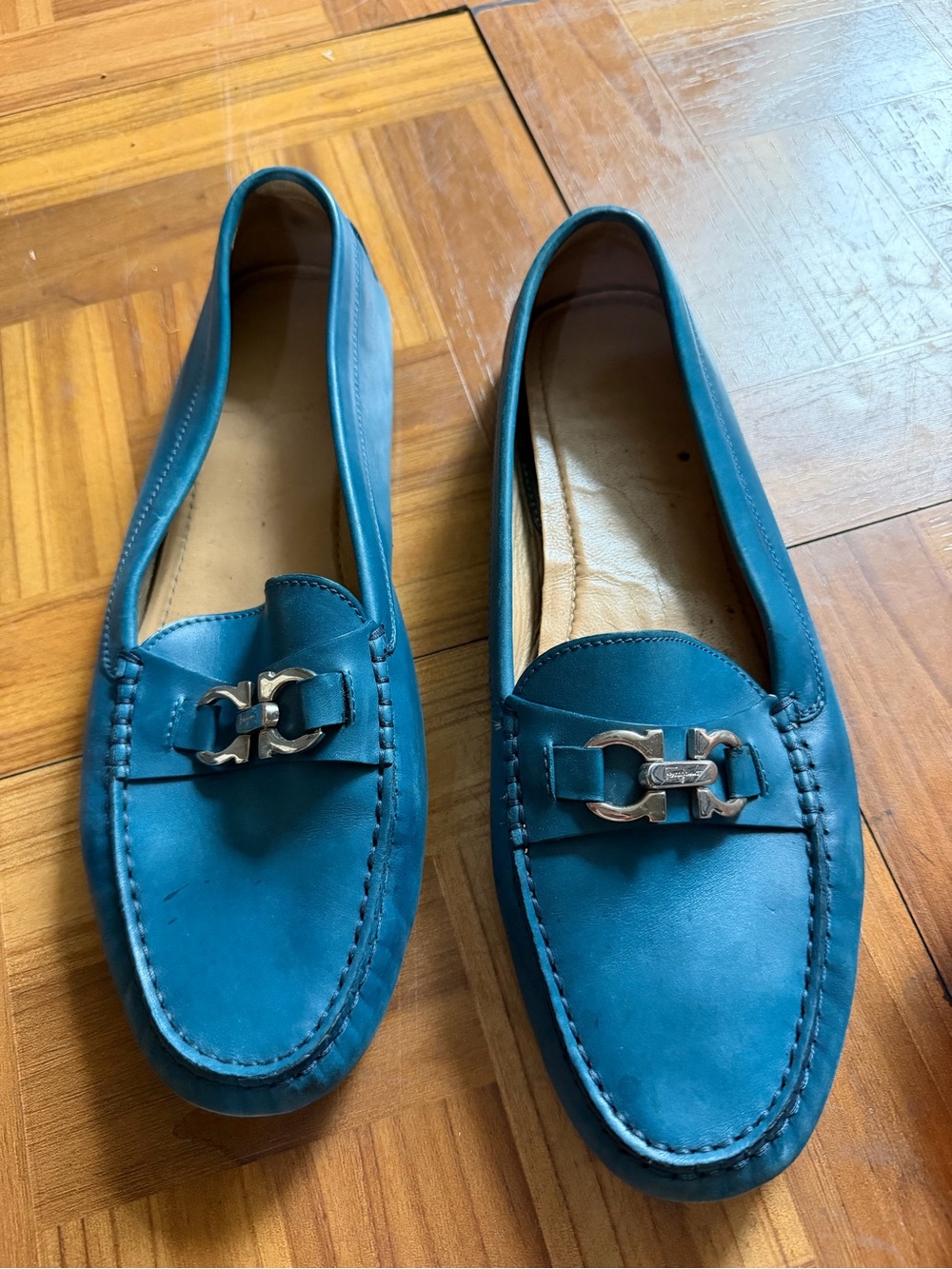 Salvatore Ferragamo Teal Leather Loafers with Silver Buckle